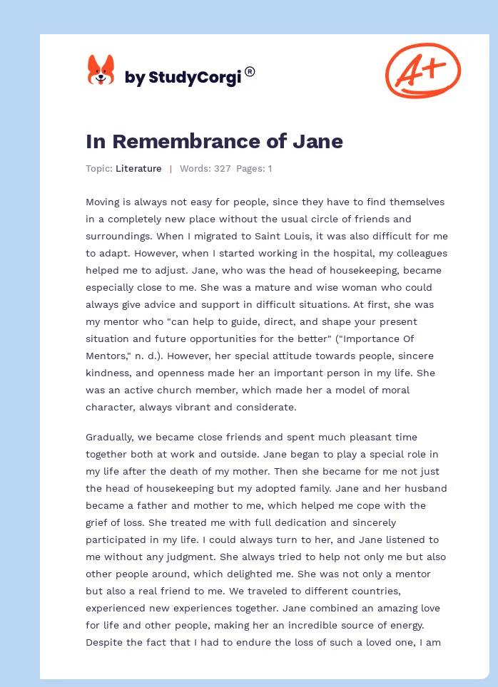 In Remembrance of Jane. Page 1
