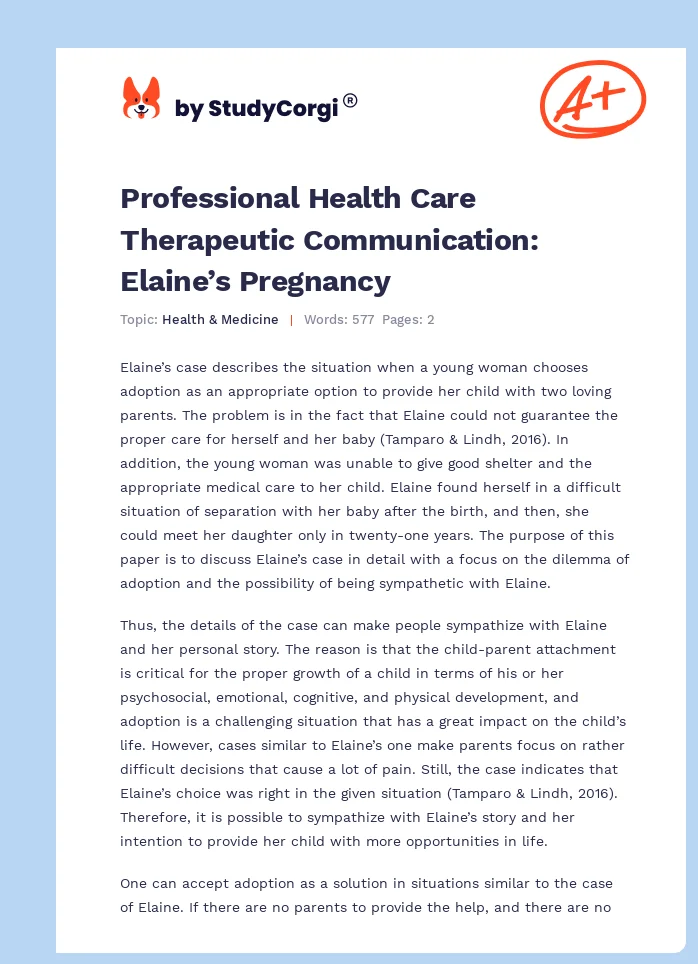 Professional Health Care Therapeutic Communication: Elaine’s Pregnancy. Page 1