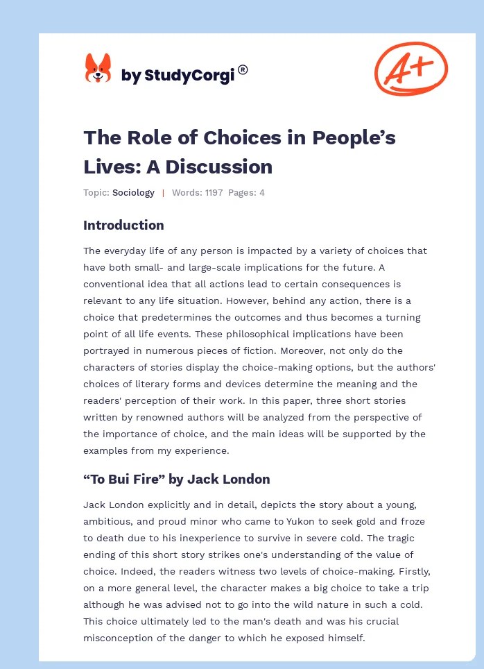 The Role of Choices in People’s Lives: A Discussion. Page 1
