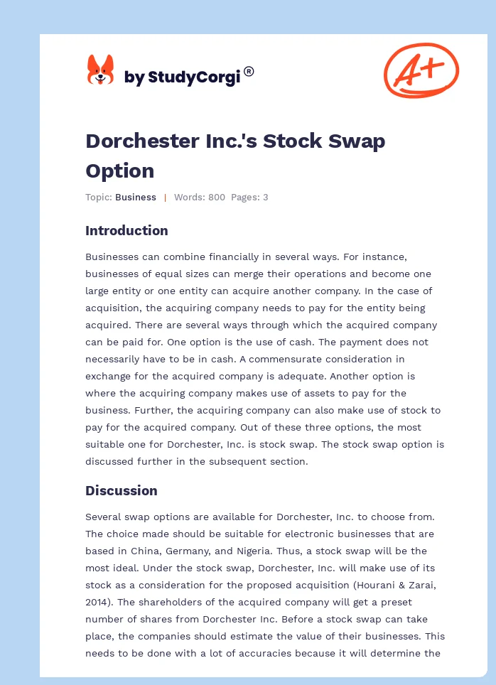 Dorchester Inc.'s Stock Swap Option. Page 1