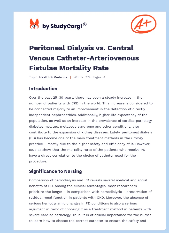 Peritoneal Dialysis vs. Central Venous Catheter-Arteriovenous Fistulae Mortality Rate. Page 1