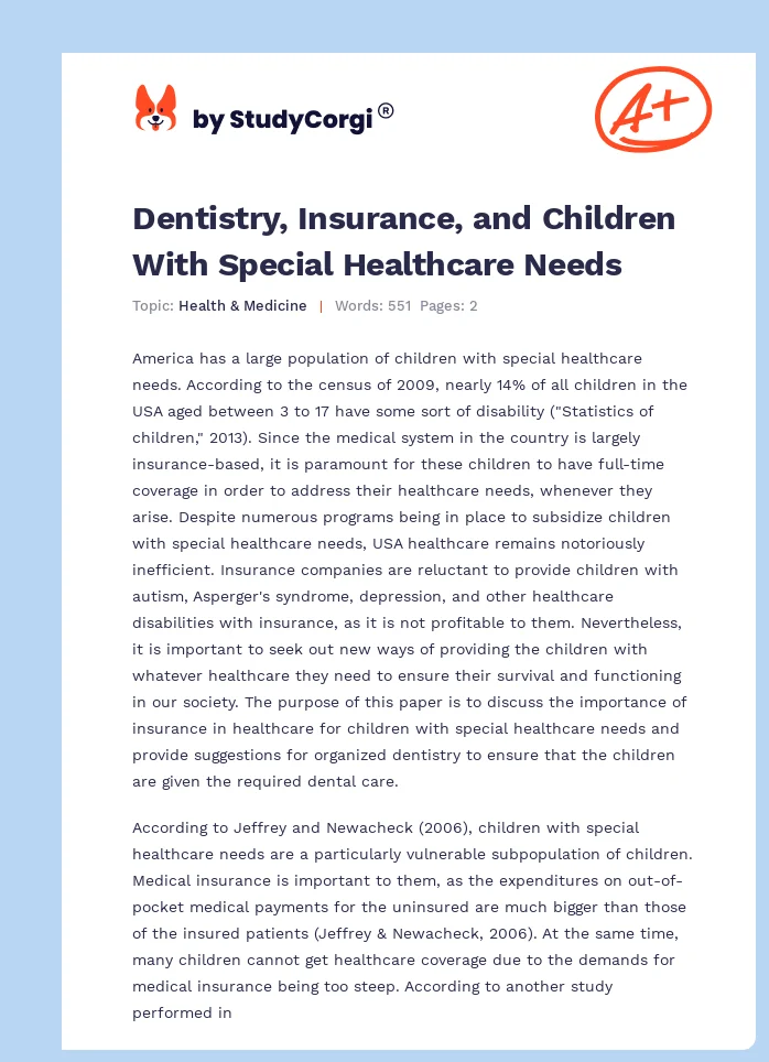 Dentistry, Insurance, and Children With Special Healthcare Needs. Page 1