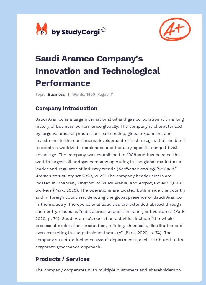 Saudi Aramco Company's Innovation and Technological Performance. Page 1