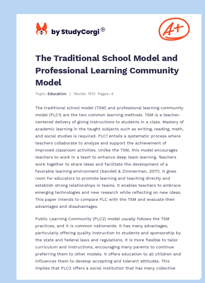 The Traditional School Model and Professional Learning Community Model. Page 1