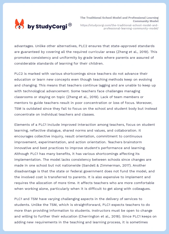 The Traditional School Model and Professional Learning Community Model. Page 2
