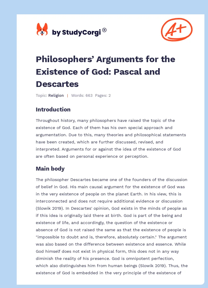 Philosophers’ Arguments for the Existence of God: Pascal and Descartes. Page 1