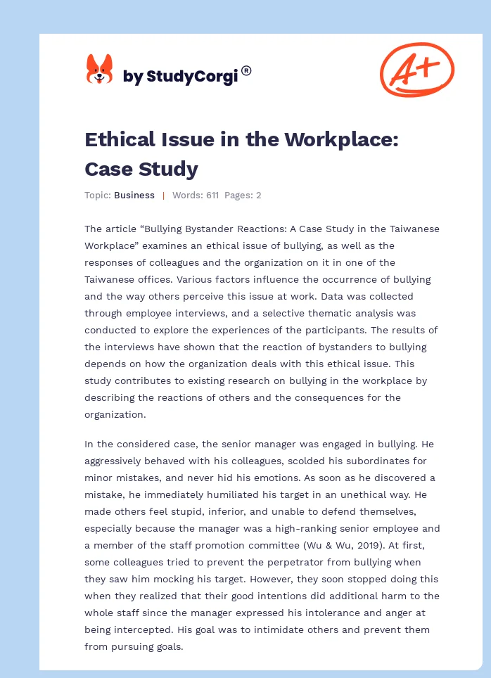 Ethical Issue in the Workplace: Case Study. Page 1