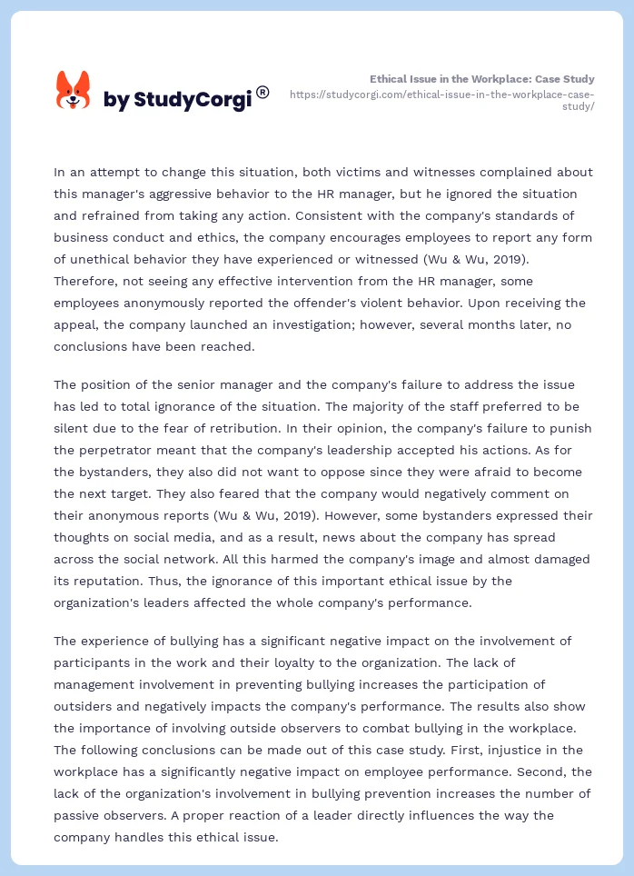 Ethical Issue in the Workplace: Case Study. Page 2