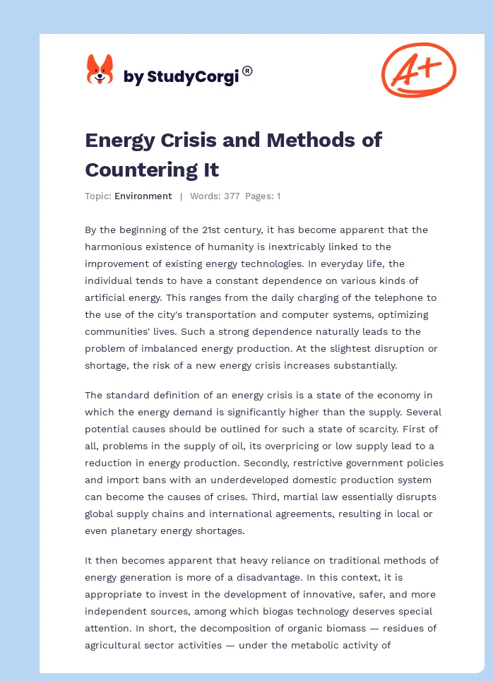 Energy Crisis and Methods of Countering It. Page 1