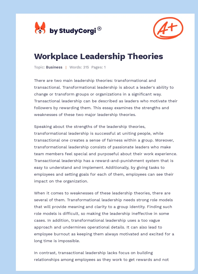 Workplace Leadership Theories. Page 1
