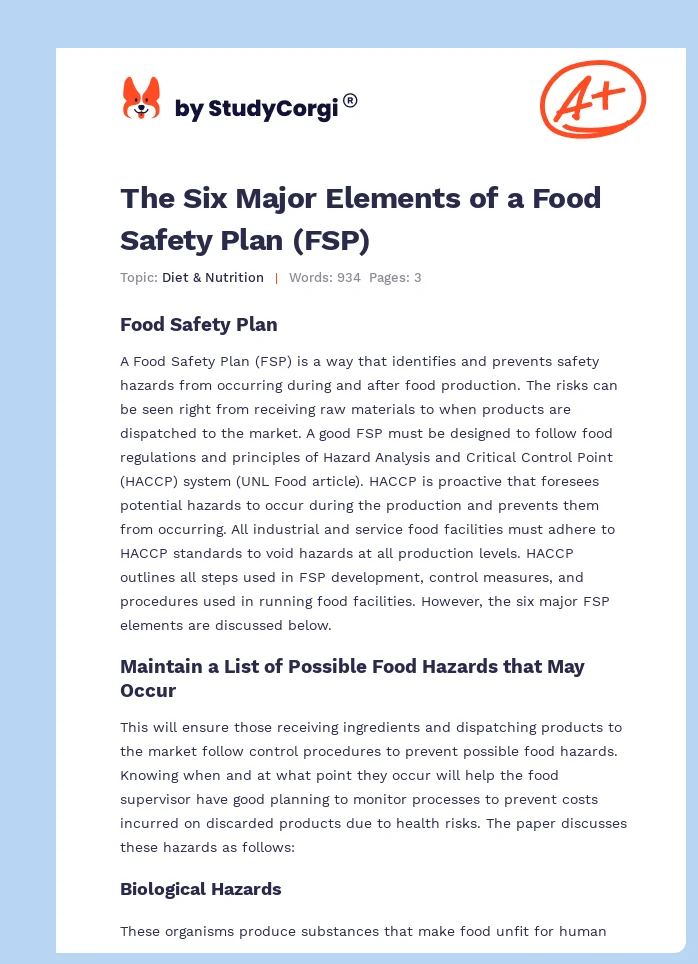 The Six Major Elements of a Food Safety Plan (FSP). Page 1
