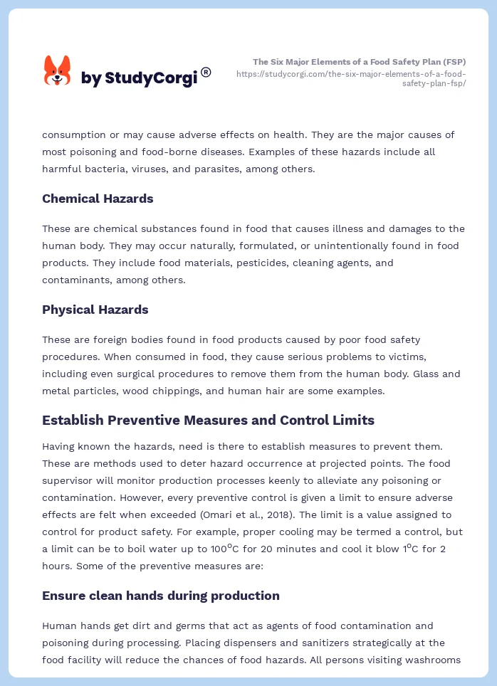 The Six Major Elements of a Food Safety Plan (FSP). Page 2