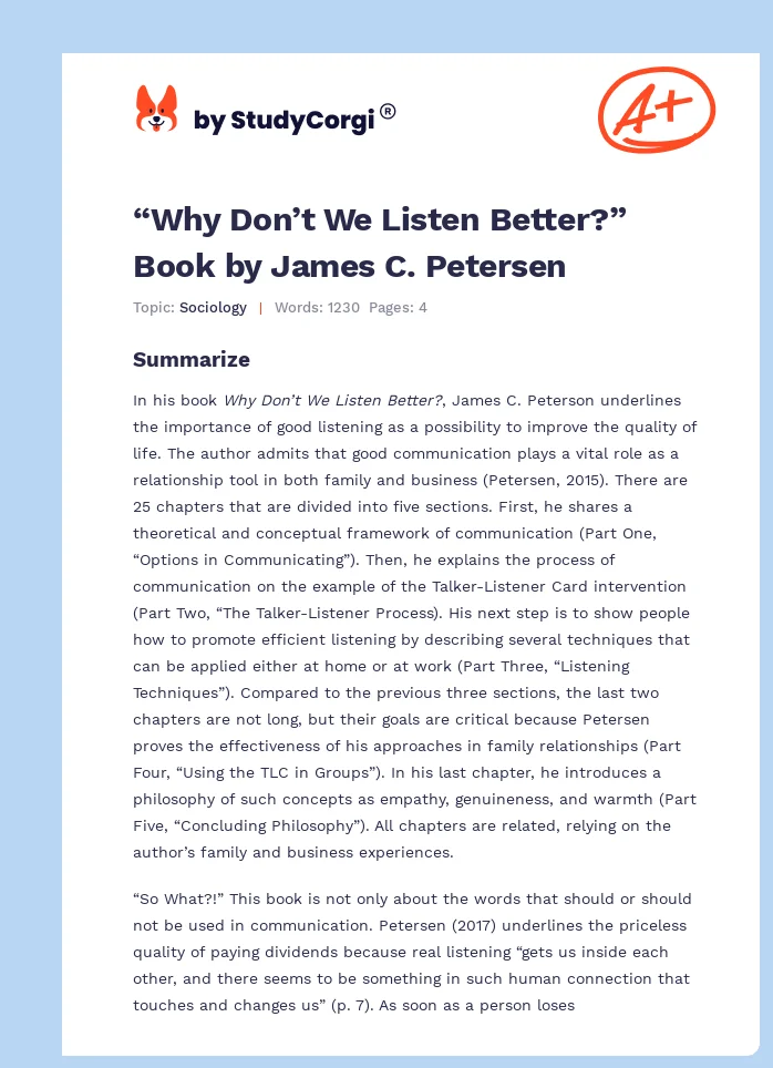 “Why Don’t We Listen Better?” Book by James C. Petersen. Page 1