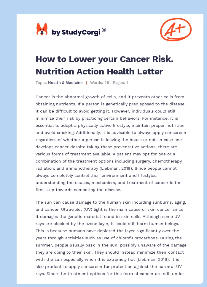 How to Lower your Cancer Risk. Nutrition Action Health Letter. Page 1