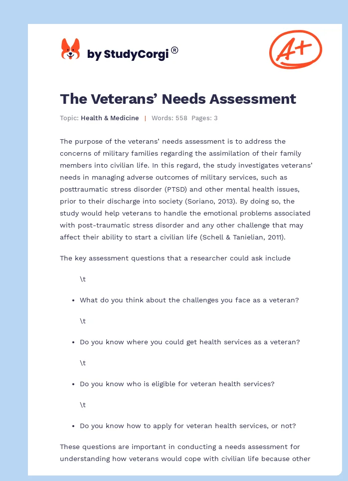 The Veterans’ Needs Assessment. Page 1