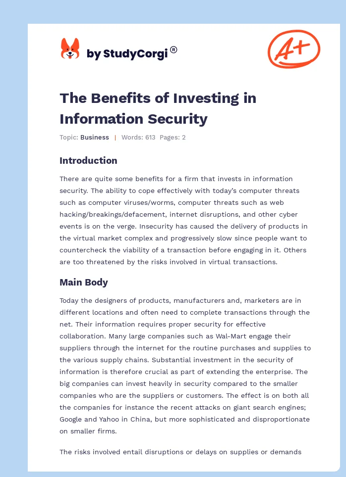 The Benefits of Investing in Information Security. Page 1