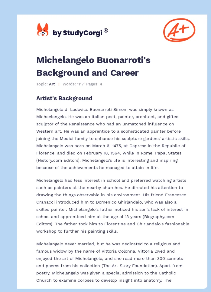 Michelangelo Buonarroti's Background and Career. Page 1