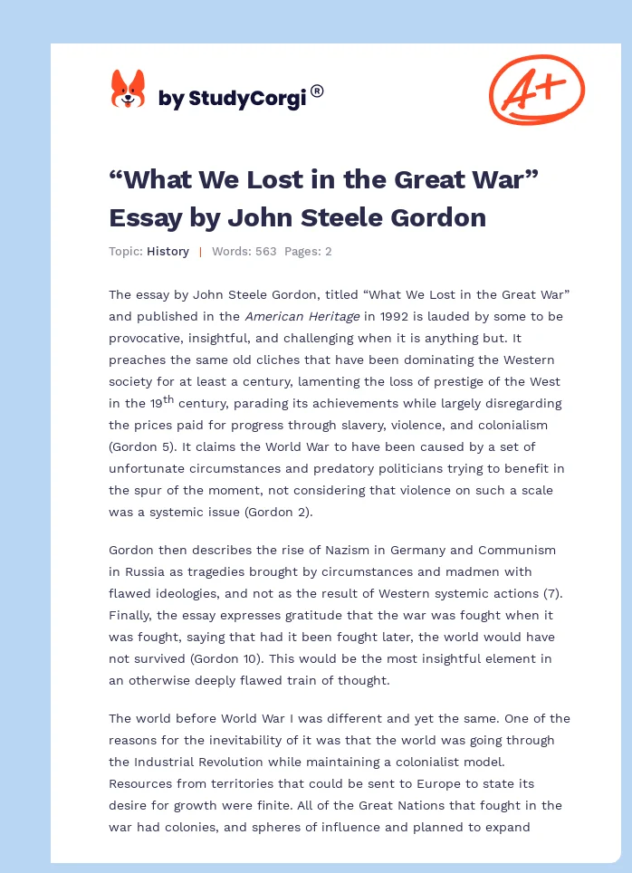 “What We Lost in the Great War” Essay by John Steele Gordon. Page 1
