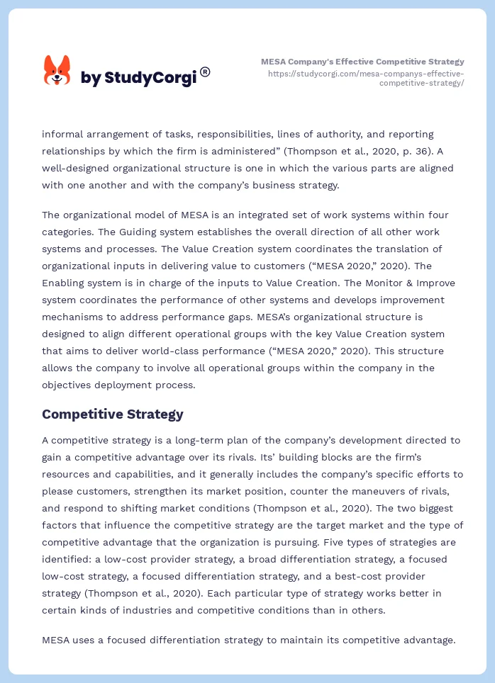 MESA Company's Effective Competitive Strategy. Page 2