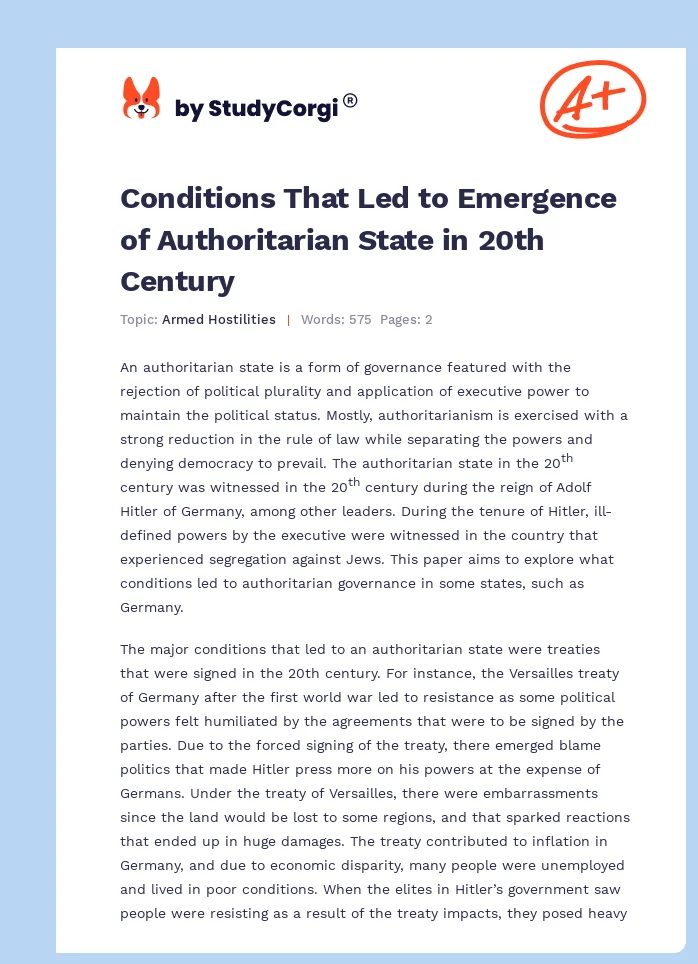 Conditions That Led to Emergence of Authoritarian State in 20th Century. Page 1