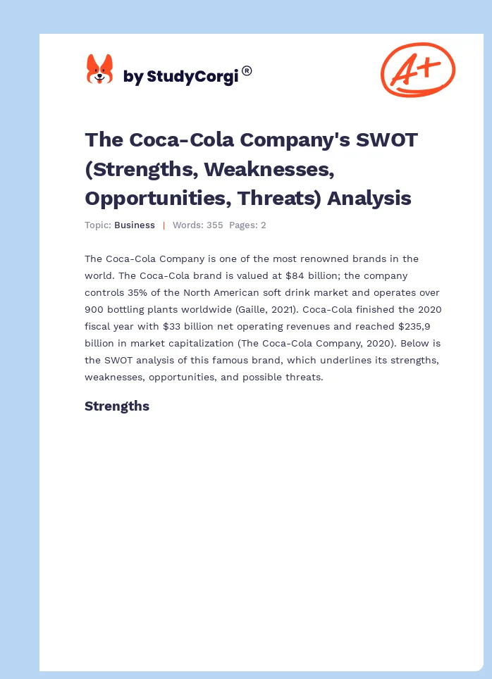 The Coca-Cola Company's SWOT (Strengths, Weaknesses, Opportunities, Threats) Analysis. Page 1