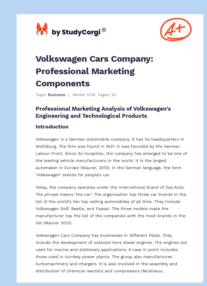 Volkswagen Cars Company: Professional Marketing Components. Page 1