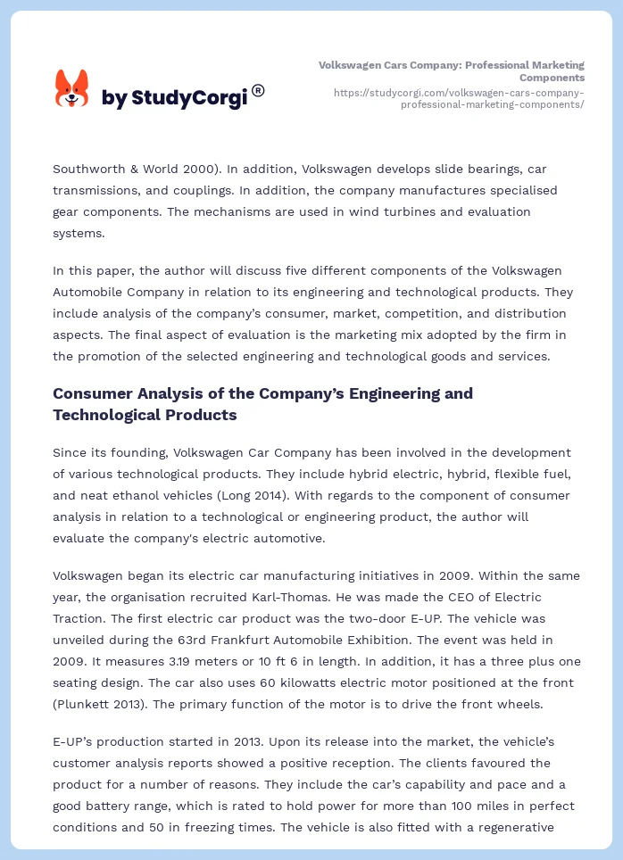 Volkswagen Cars Company: Professional Marketing Components. Page 2