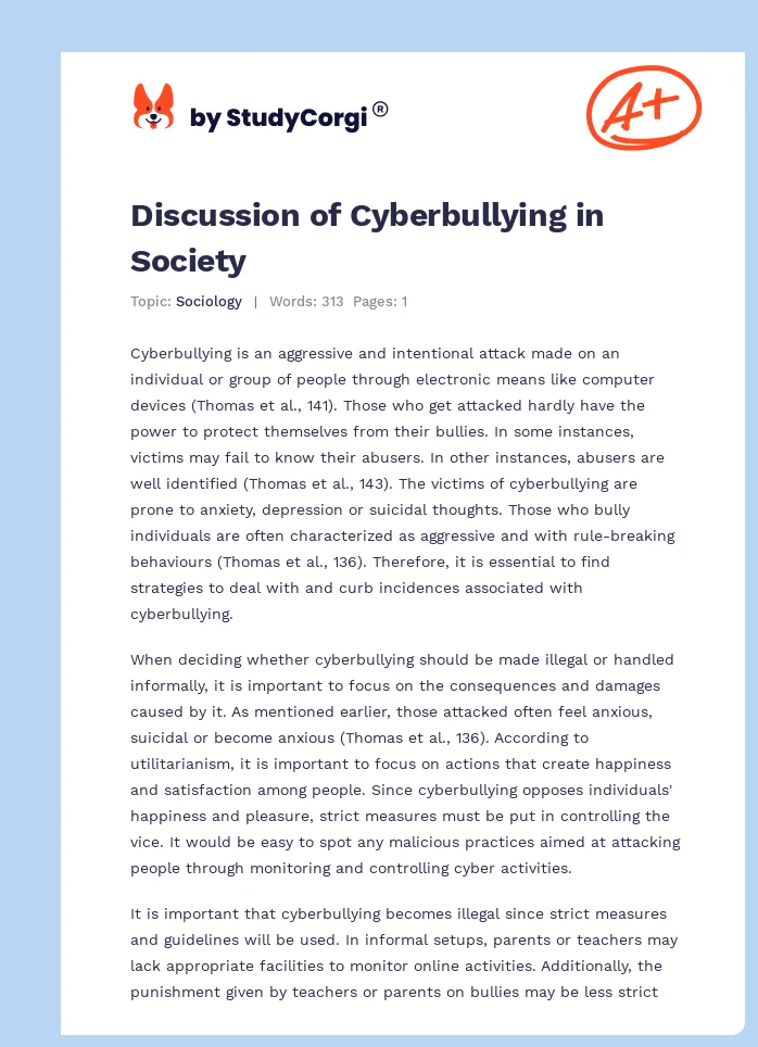 Discussion of Cyberbullying in Society. Page 1