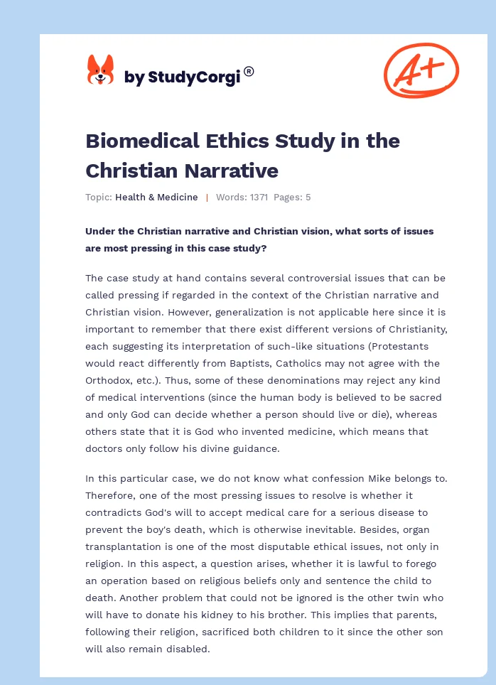 Biomedical Ethics Study in the Christian Narrative. Page 1