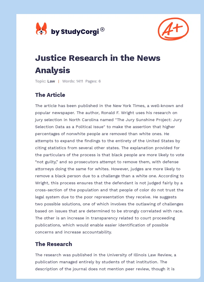 Justice Research in the News Analysis. Page 1