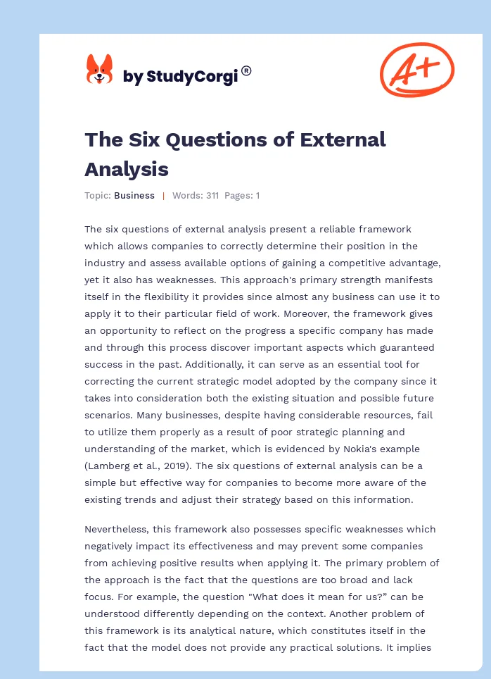 The Six Questions of External Analysis. Page 1