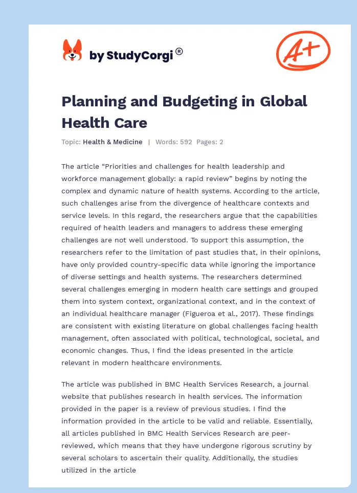 Planning and Budgeting in Global Health Care. Page 1