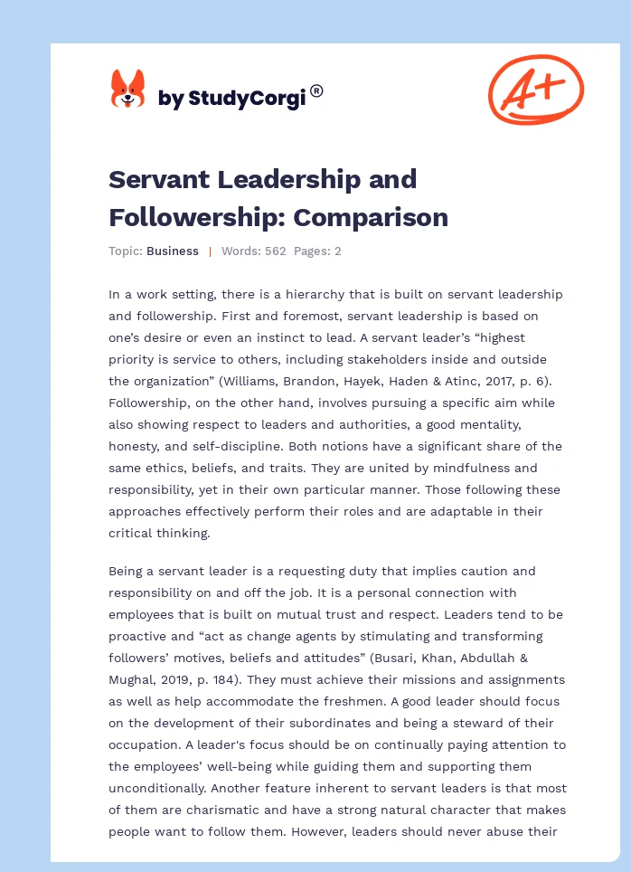 Servant Leadership and Followership: Comparison. Page 1