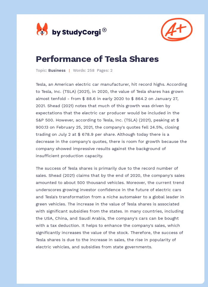 Performance of Tesla Shares. Page 1