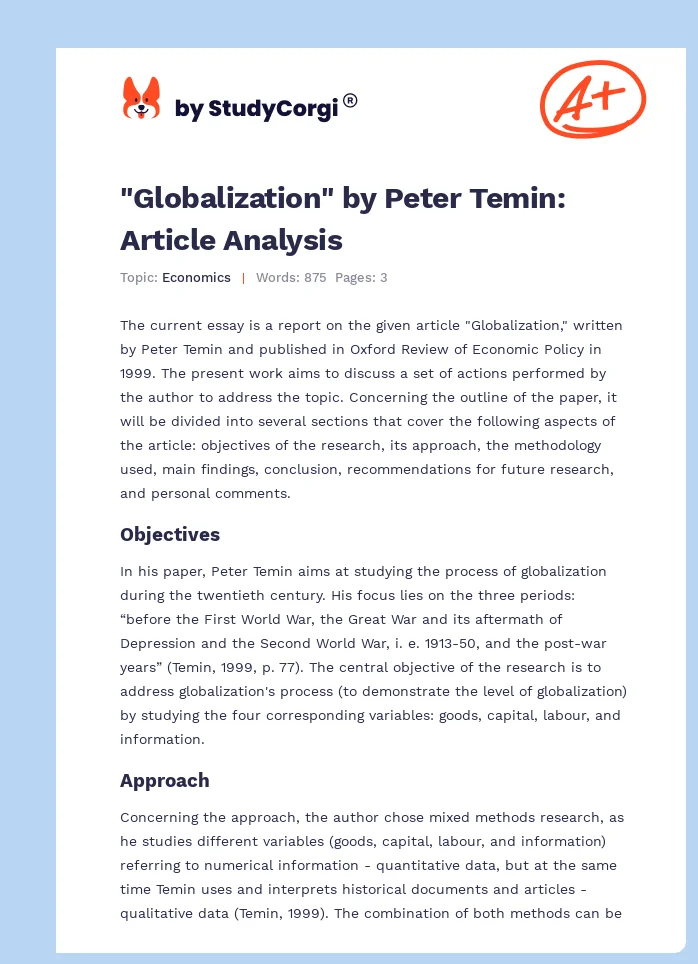 "Globalization" by Peter Temin: Article Analysis. Page 1