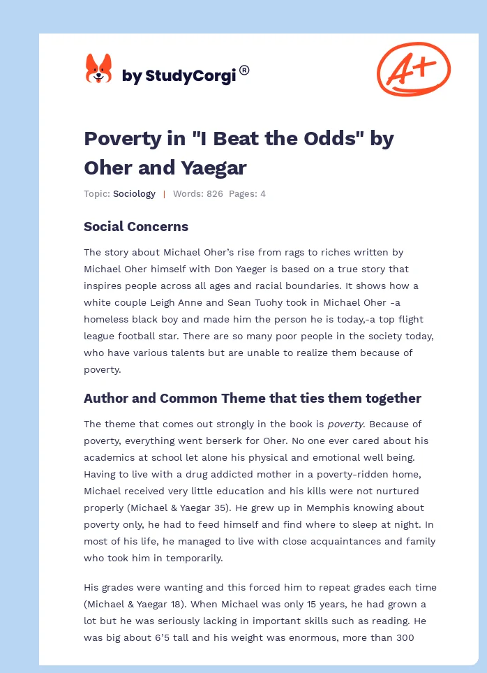 Poverty in "I Beat the Odds" by Oher and Yaegar. Page 1