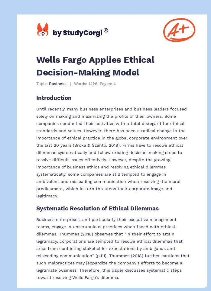 Wells Fargo Applies Ethical Decision-Making Model. Page 1