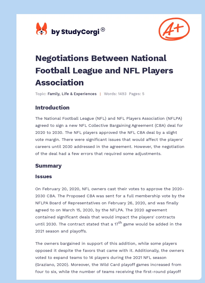 Negotiations Between National Football League and NFL Players Association. Page 1