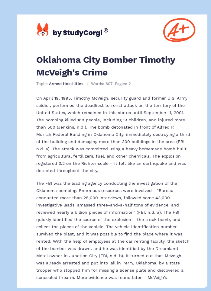 Oklahoma City Bomber Timothy McVeigh's Crime. Page 1