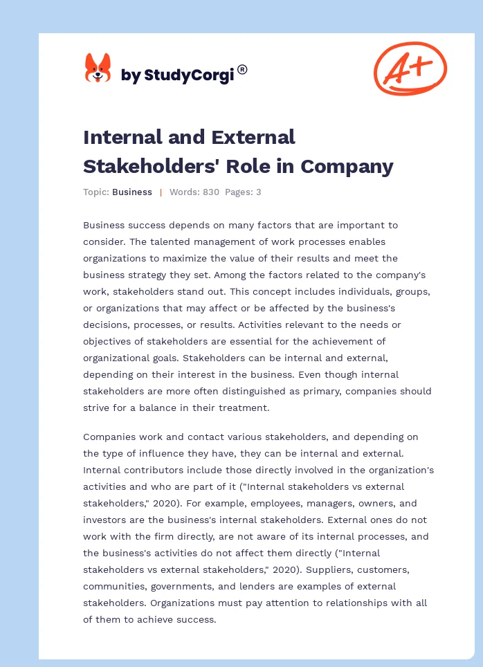 Internal and External Stakeholders' Role in Company. Page 1