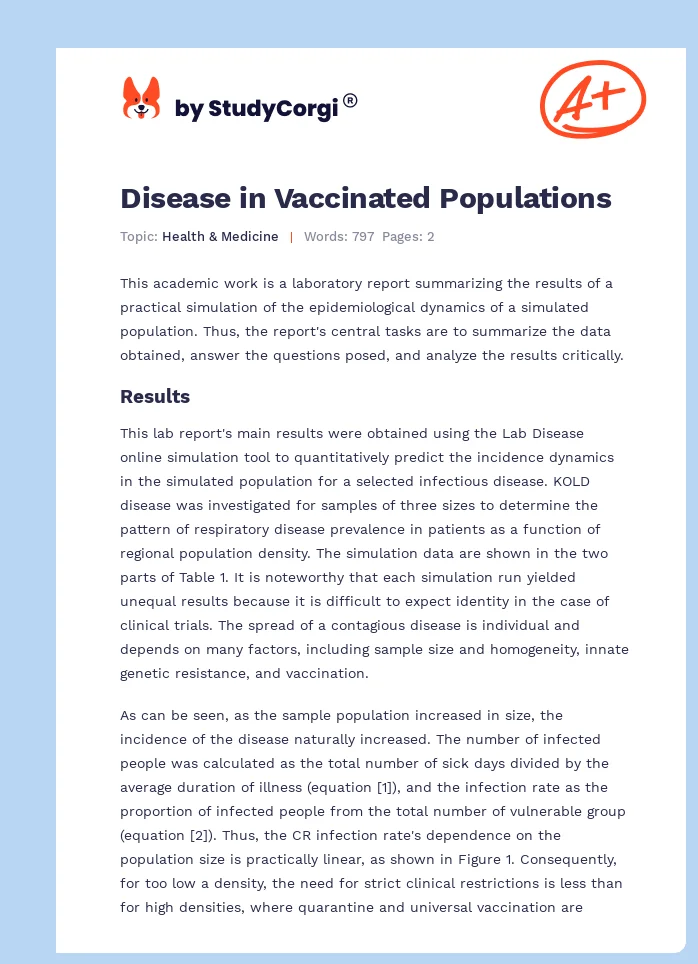 Disease in Vaccinated Populations. Page 1