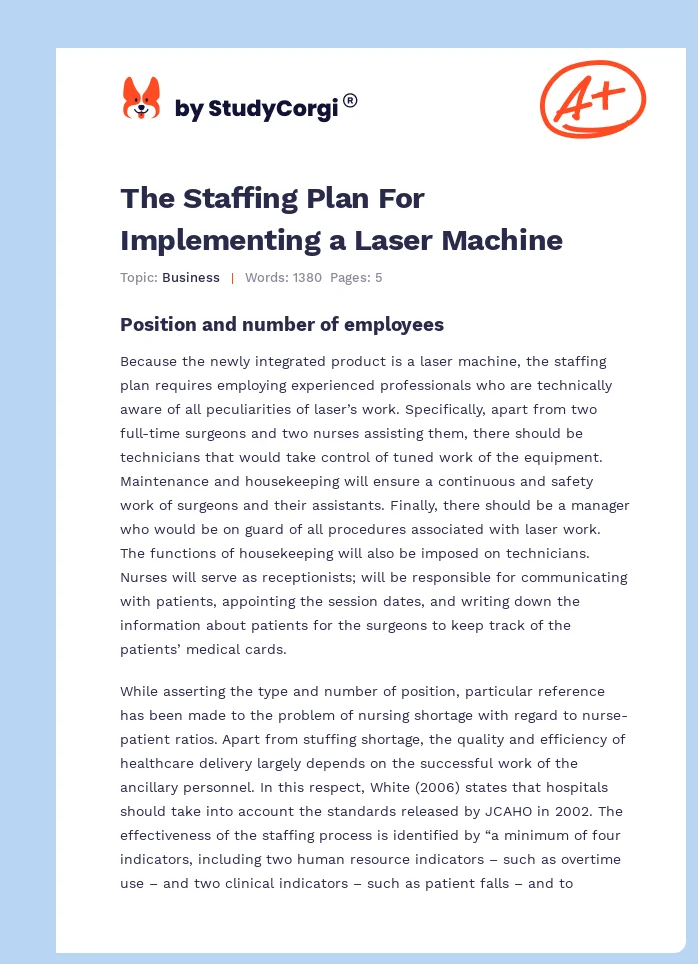 The Staffing Plan For Implementing a Laser Machine. Page 1