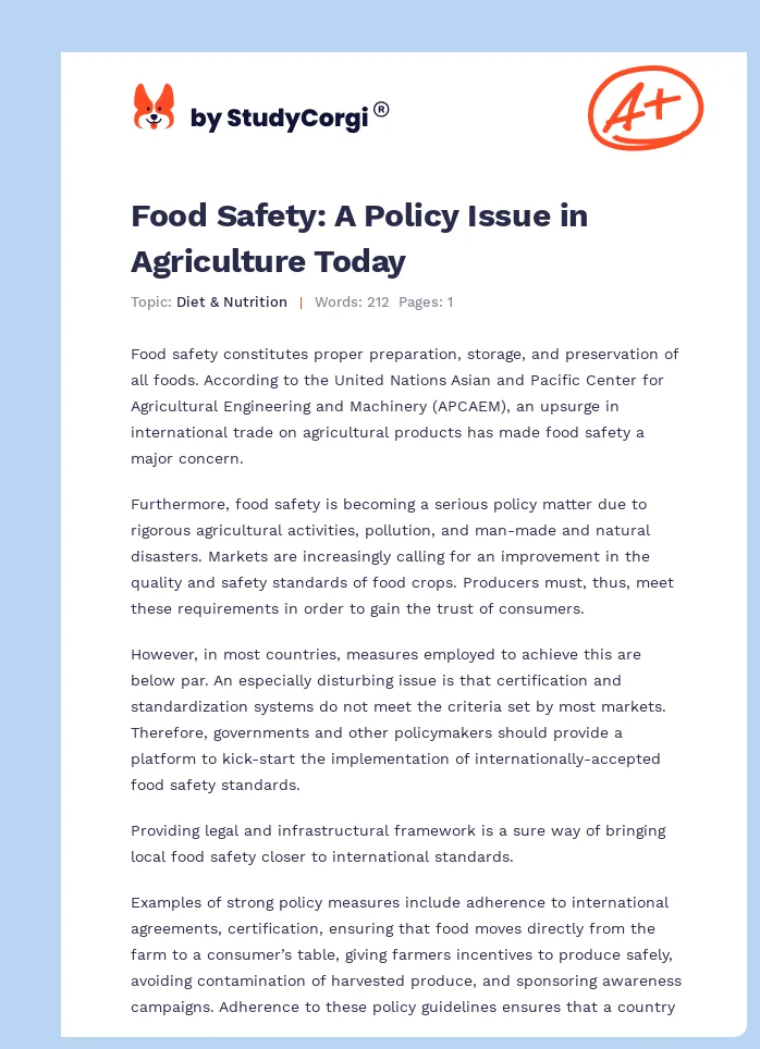 Food Safety: A Policy Issue in Agriculture Today. Page 1
