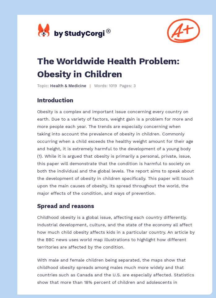 The Worldwide Health Problem: Obesity in Children. Page 1