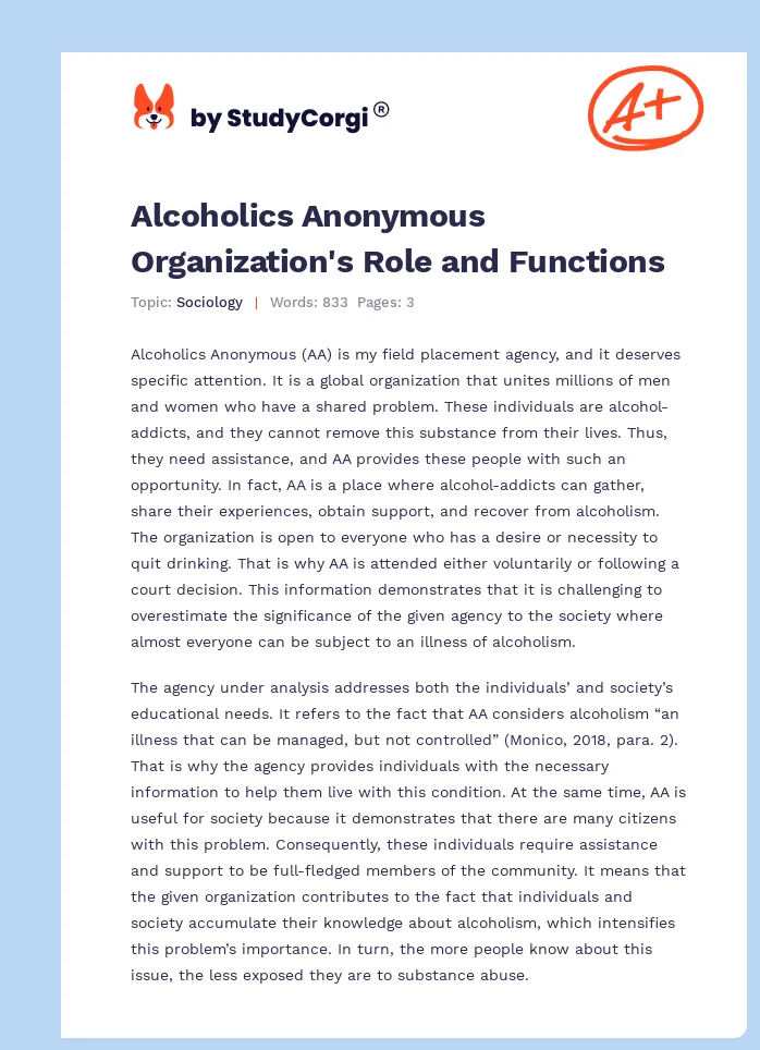 Alcoholics Anonymous Organization's Role and Functions. Page 1
