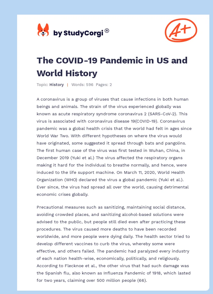 The COVID-19 Pandemic in US and World History. Page 1