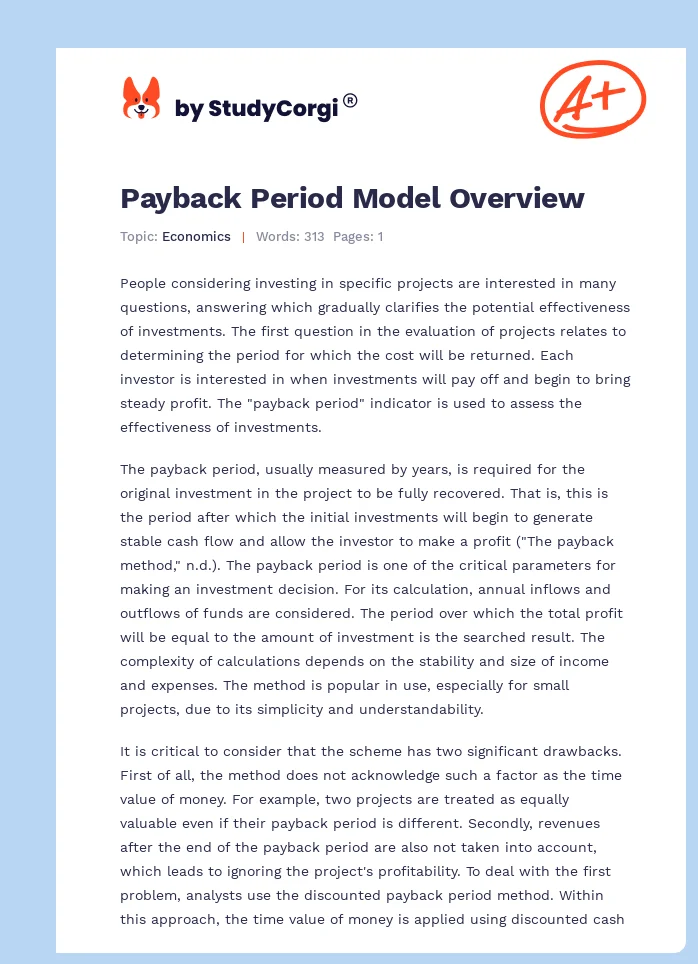 Payback Period Model Overview. Page 1