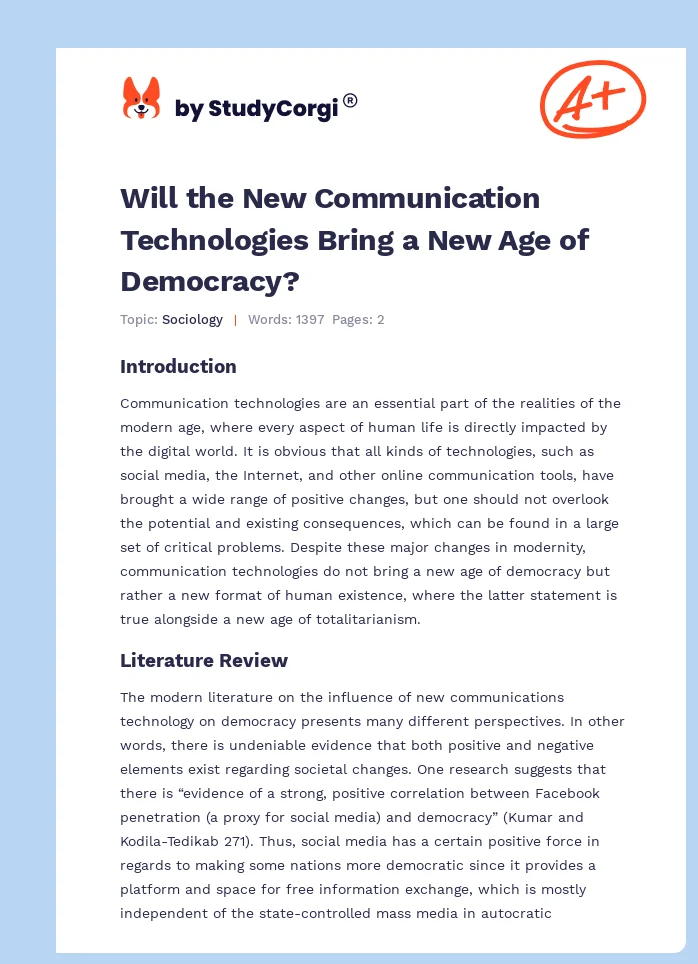 Will the New Communication Technologies Bring a New Age of Democracy?. Page 1