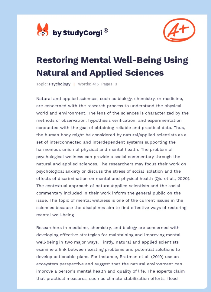 Restoring Mental Well-Being Using Natural and Applied Sciences. Page 1