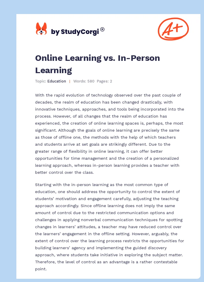 Online Learning vs. In-Person Learning. Page 1